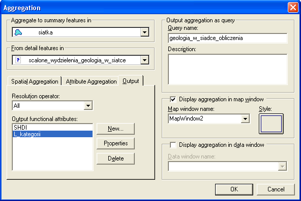 Fig. 14. Okno dialogowe Aggregation, wyjście
