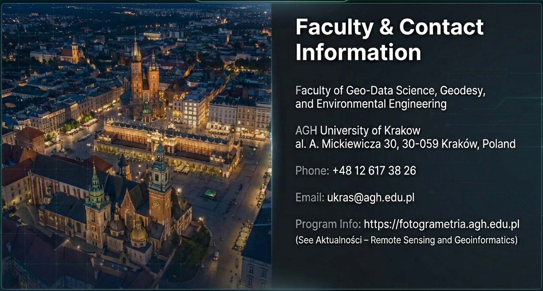 Faculty and contact information visual with Krakow and programme contact panel