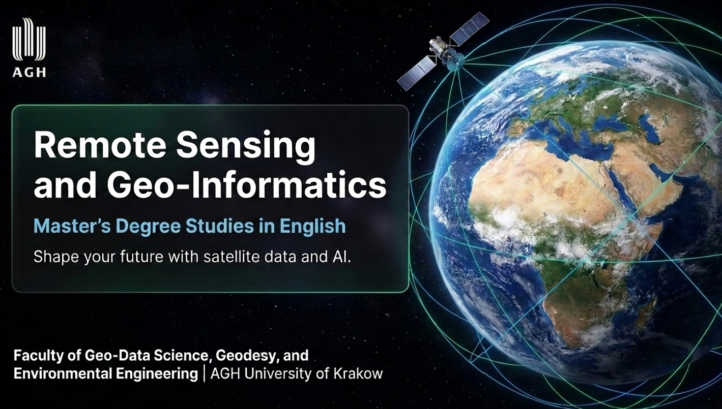 Remote Sensing and Geo-Informatics programme hero visual with Earth, satellite and AGH identity