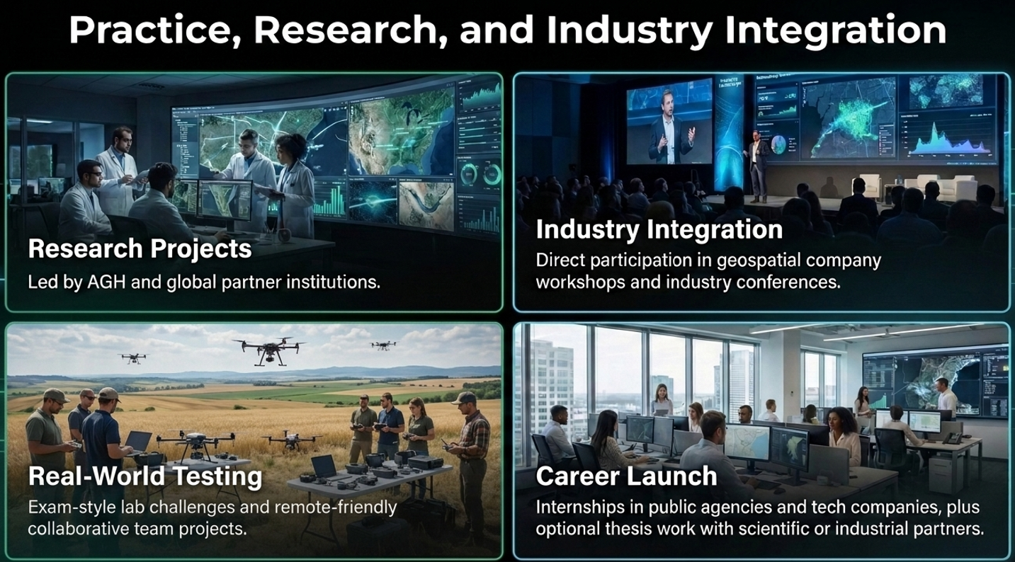 Practice, research and industry integration: research projects, workshops, field testing and career launch