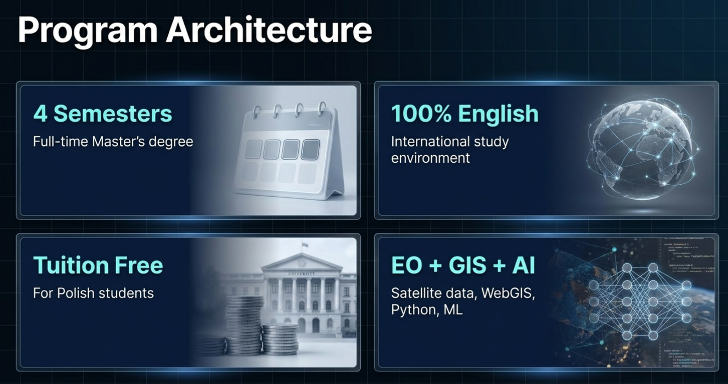 Programme facts: four semesters, English-language study environment, tuition information and EO plus GIS plus AI profile