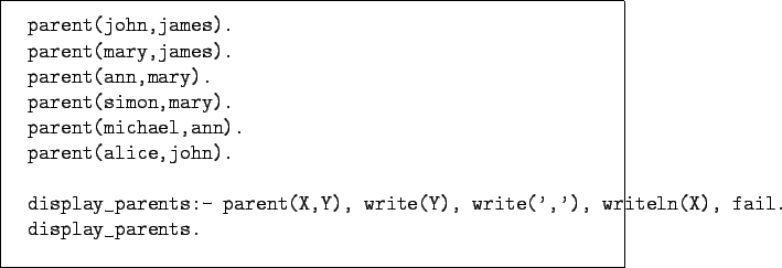 \begin{figure}\begin{verbatim}parent(john,james).
parent(mary,james).
paren...
...Y), write(','), writeln(X), fail.
display_parents.\end{verbatim}
\end{figure}